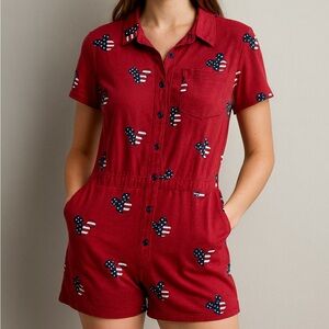 VINTAGE Disney Romper Patriotic Short Sleeve Button Down